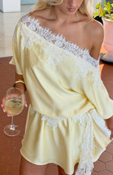 Otis Yellow Satin Lace Trim Party Mini Dress