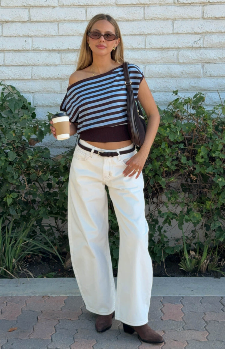 Amerie Brown Stripe Off Shoulder Knit Top