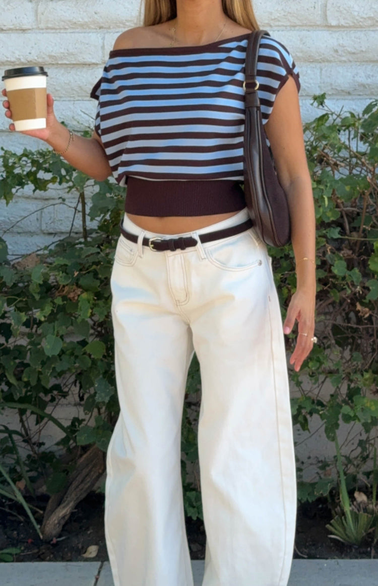 Amerie Brown Stripe Off Shoulder Knit Top