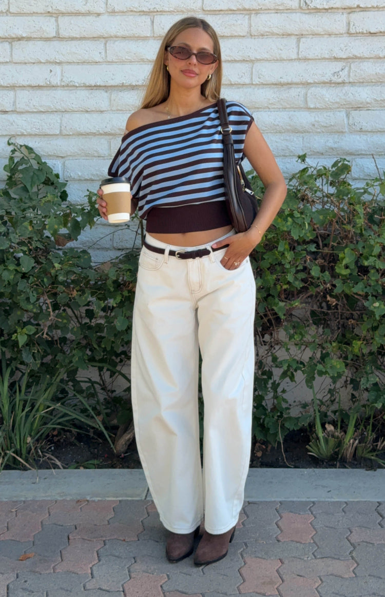 Amerie Brown Stripe Off Shoulder Knit Top