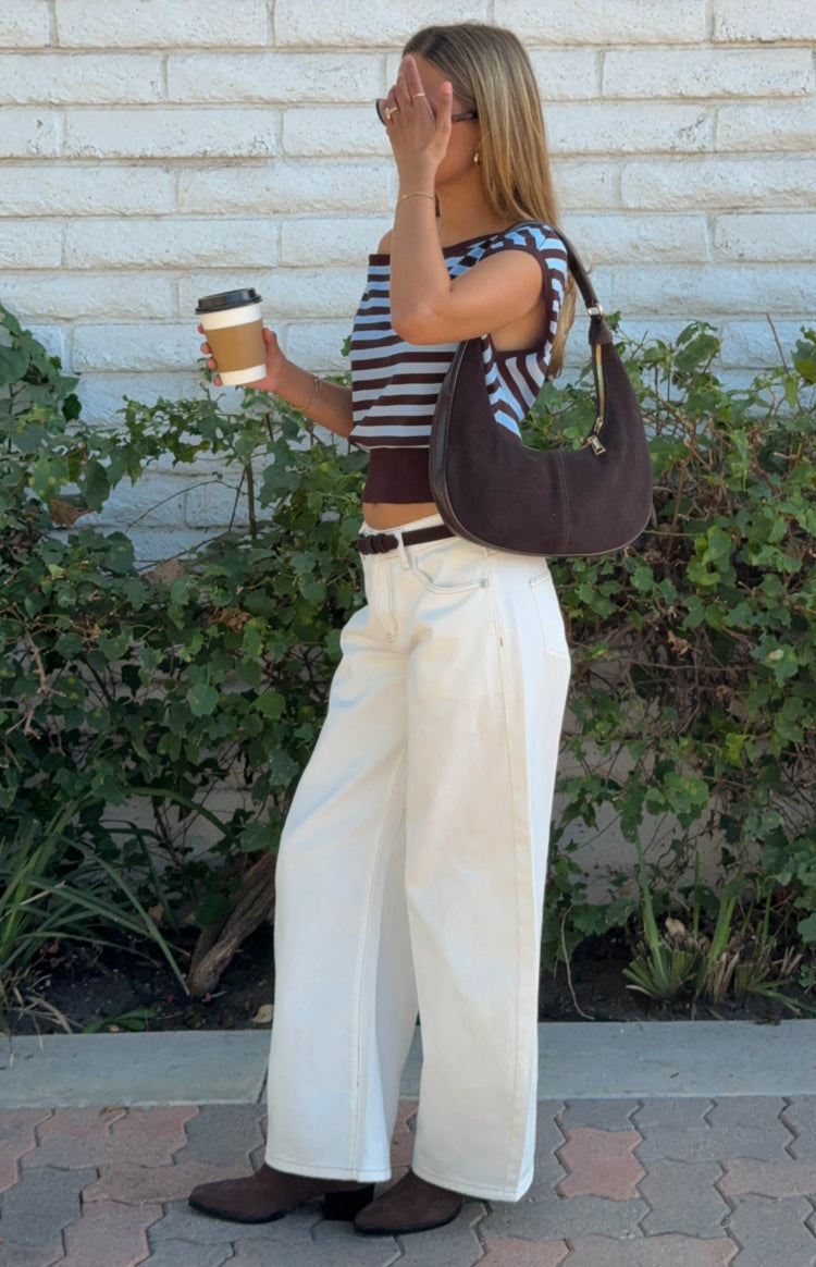 Amerie Brown Stripe Off Shoulder Knit Top