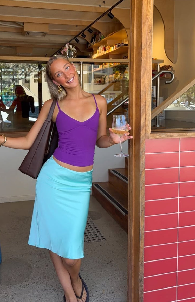 Camille Aqua Satin Midi Skirt