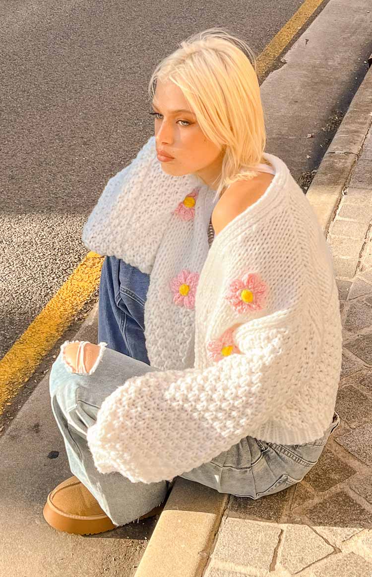 Luella White Flower Knit Cardigan