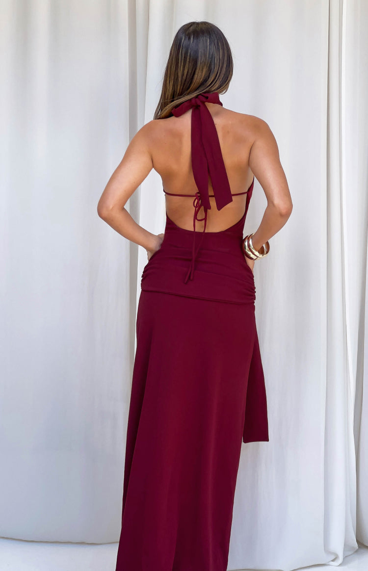 Paulina Burgundy Jersey Halter Neck Formal Dress