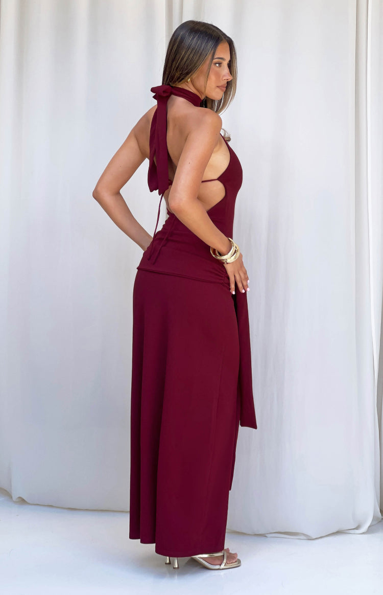 Paulina Burgundy Jersey Halter Neck Formal Dress