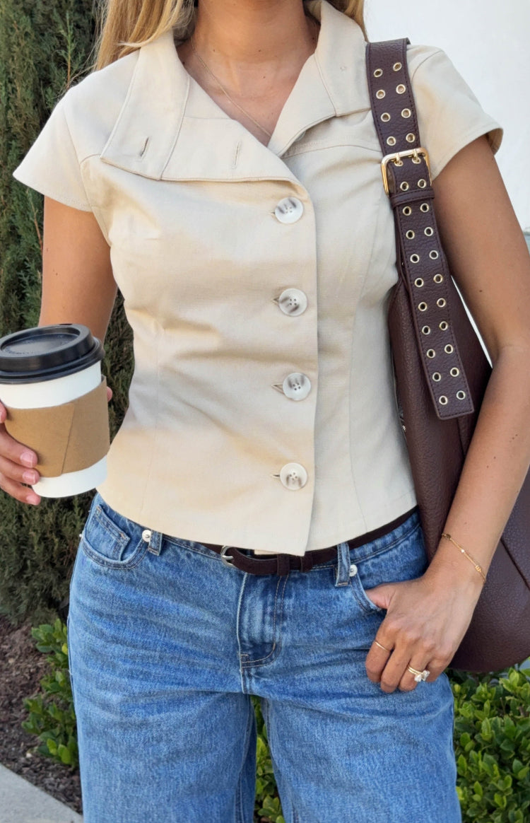 Reegan Beige Button Collar Top