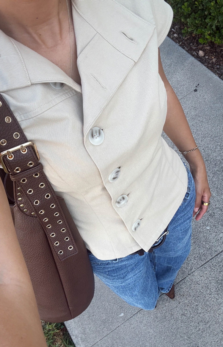 Reegan Beige Button Collar Top