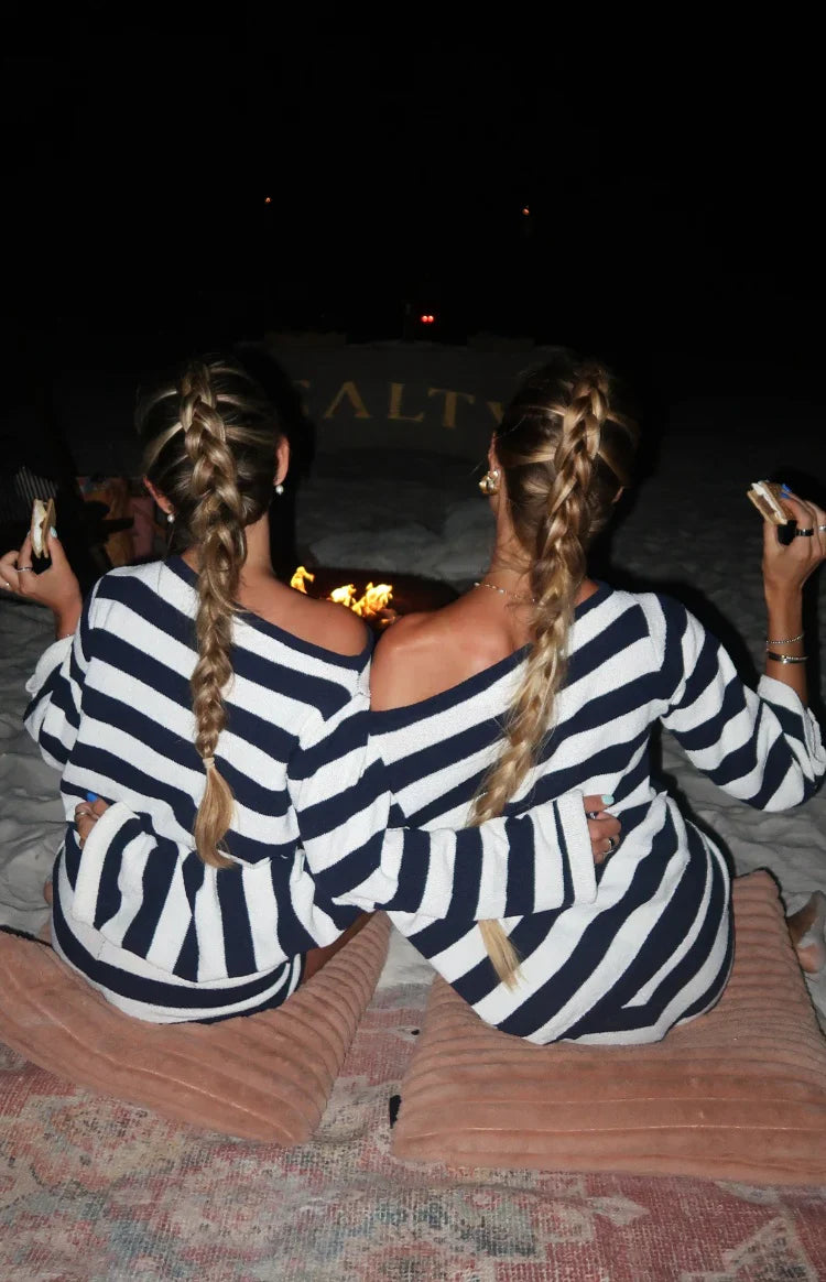 Willa Navy Stripe Off Shoulder Knit Sweater