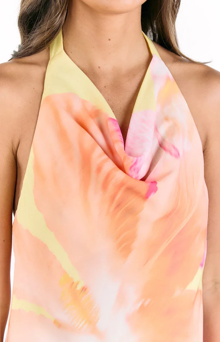 Zyla Yellow Hibiscus Floral Print Cowl Mini Dress
